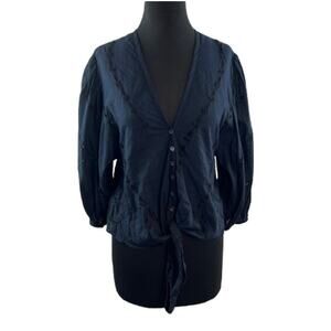 LOVE SAM Navy Top Cotton Floral Embroidered Waist Tie Plunge Neck Size Small S